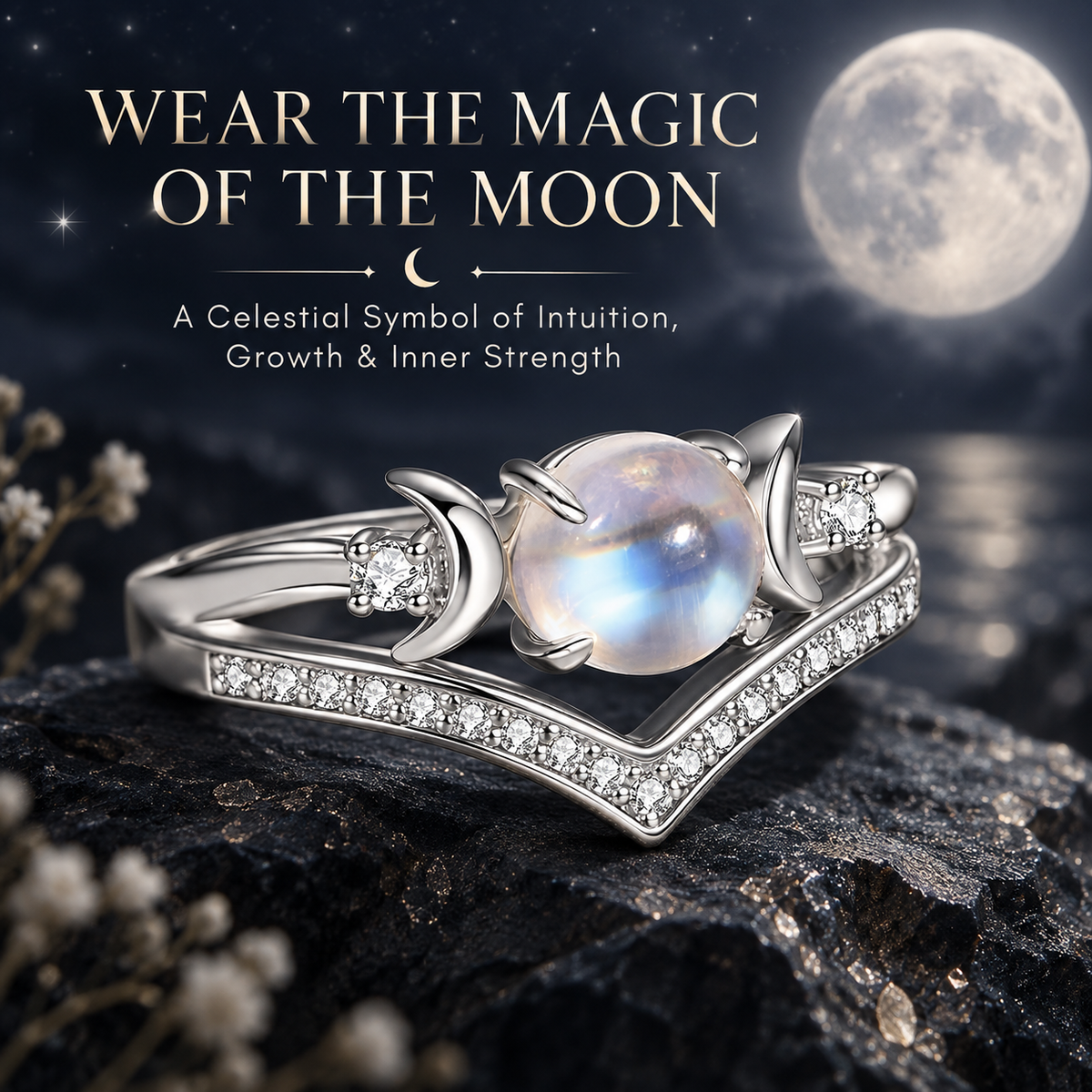 🔥Last Day 50% OFF🔥Triple Moon Moonstone-Inspired Ring Set – Silver-Tone Witchy Celestial Stackable Rings for Women