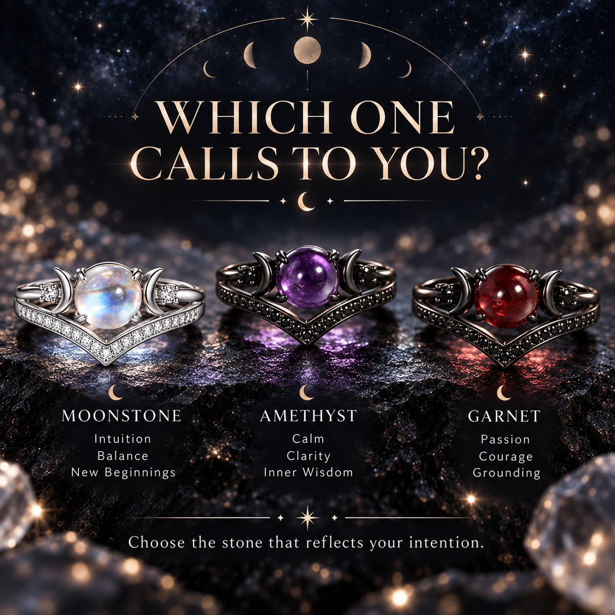 🔥Last Day 50% OFF🔥Triple Moon Moonstone-Inspired Ring Set – Silver-Tone Witchy Celestial Stackable Rings for Women