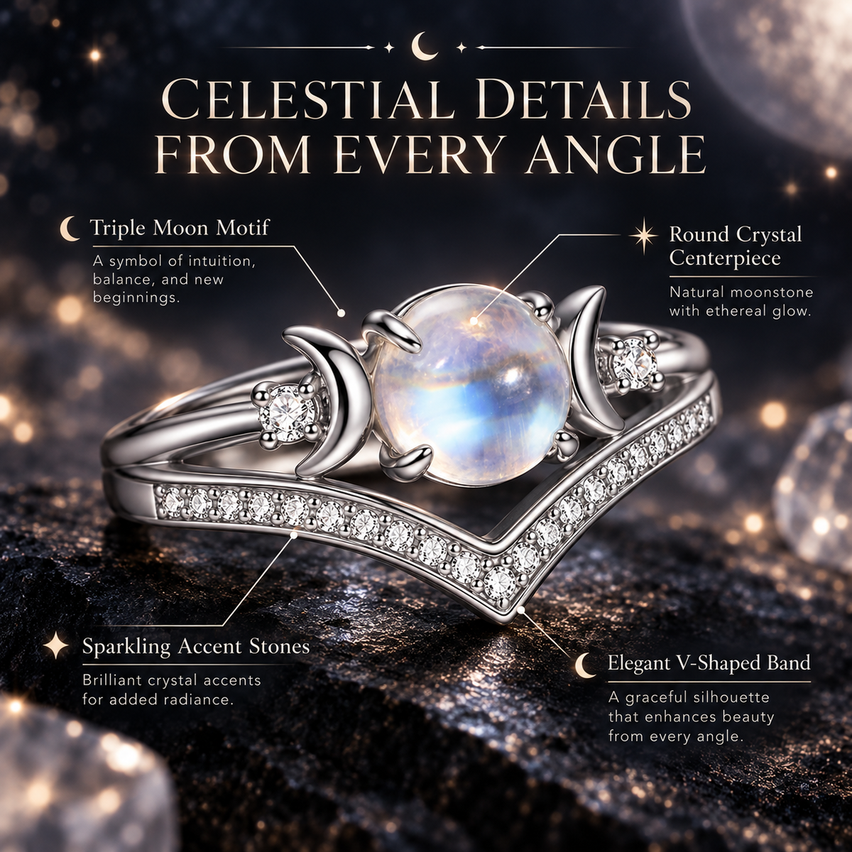 🔥Last Day 50% OFF🔥Triple Moon Moonstone-Inspired Ring Set – Silver-Tone Witchy Celestial Stackable Rings for Women