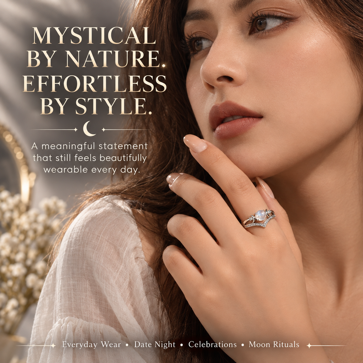 🔥Last Day 50% OFF🔥Triple Moon Moonstone-Inspired Ring Set – Silver-Tone Witchy Celestial Stackable Rings for Women