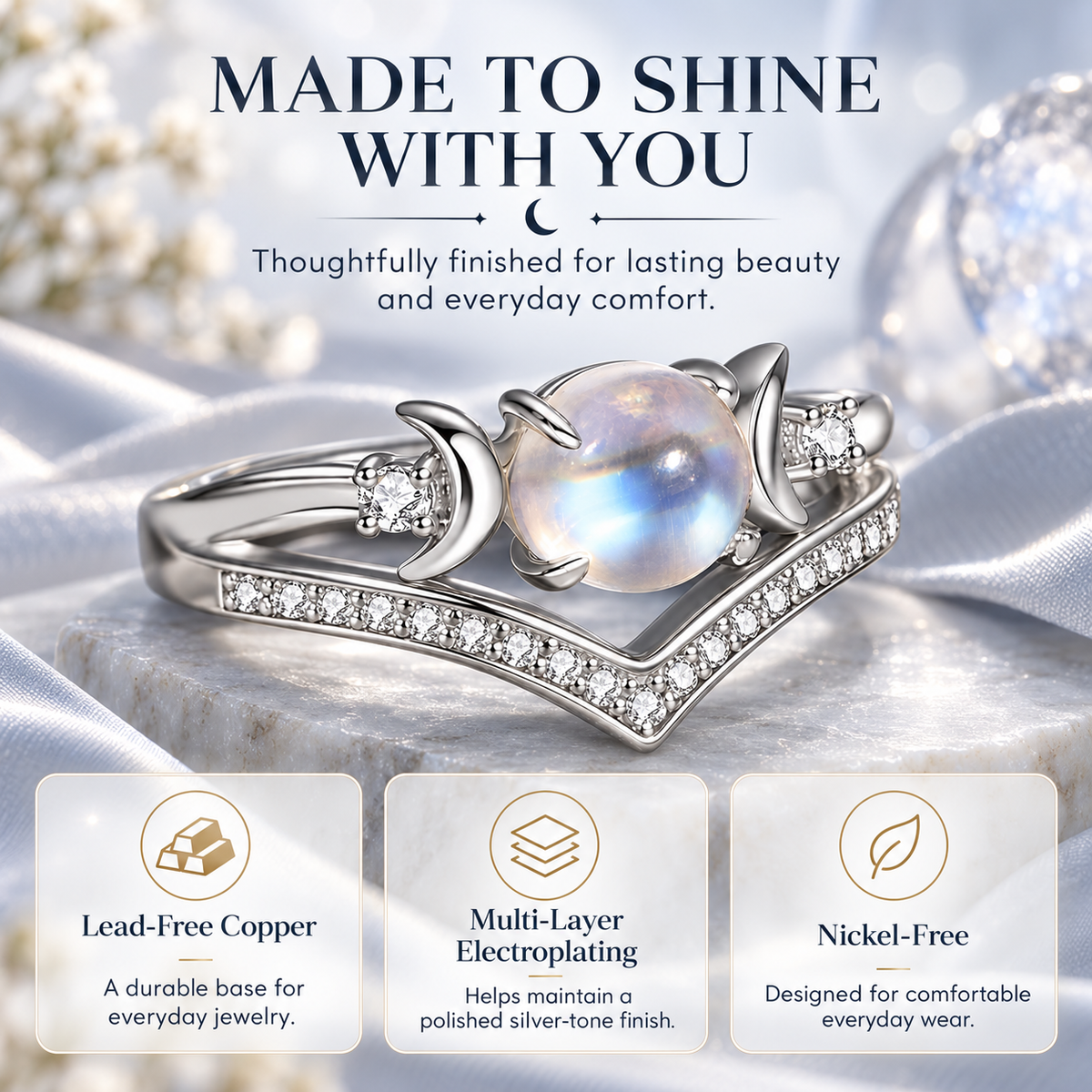 🔥Last Day 50% OFF🔥Triple Moon Moonstone-Inspired Ring Set – Silver-Tone Witchy Celestial Stackable Rings for Women