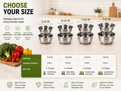 3-in-1 Stainless Steel Grater Bowl & Colander Set