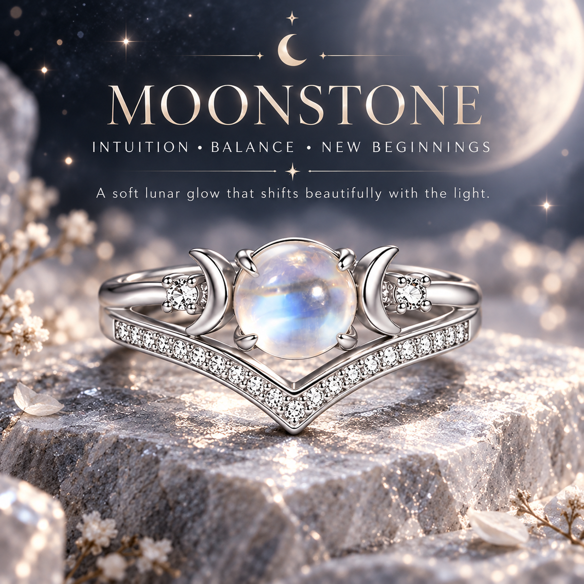 🔥Last Day 50% OFF🔥Triple Moon Moonstone-Inspired Ring Set – Silver-Tone Witchy Celestial Stackable Rings for Women