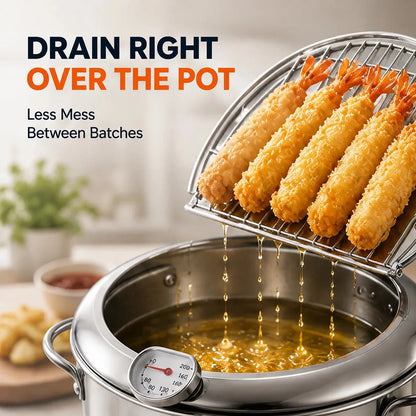 🍗 Free Shopping 🏆 304 Stainless Steel Stovetop Deep Fryer Pot – With Thermometer 🍟