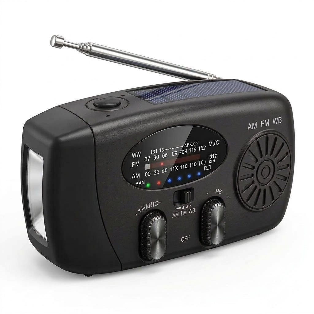 🔋 Multifunctional Solar Emergency Radio – Hand Crank, Power Bank & Weather Alerts