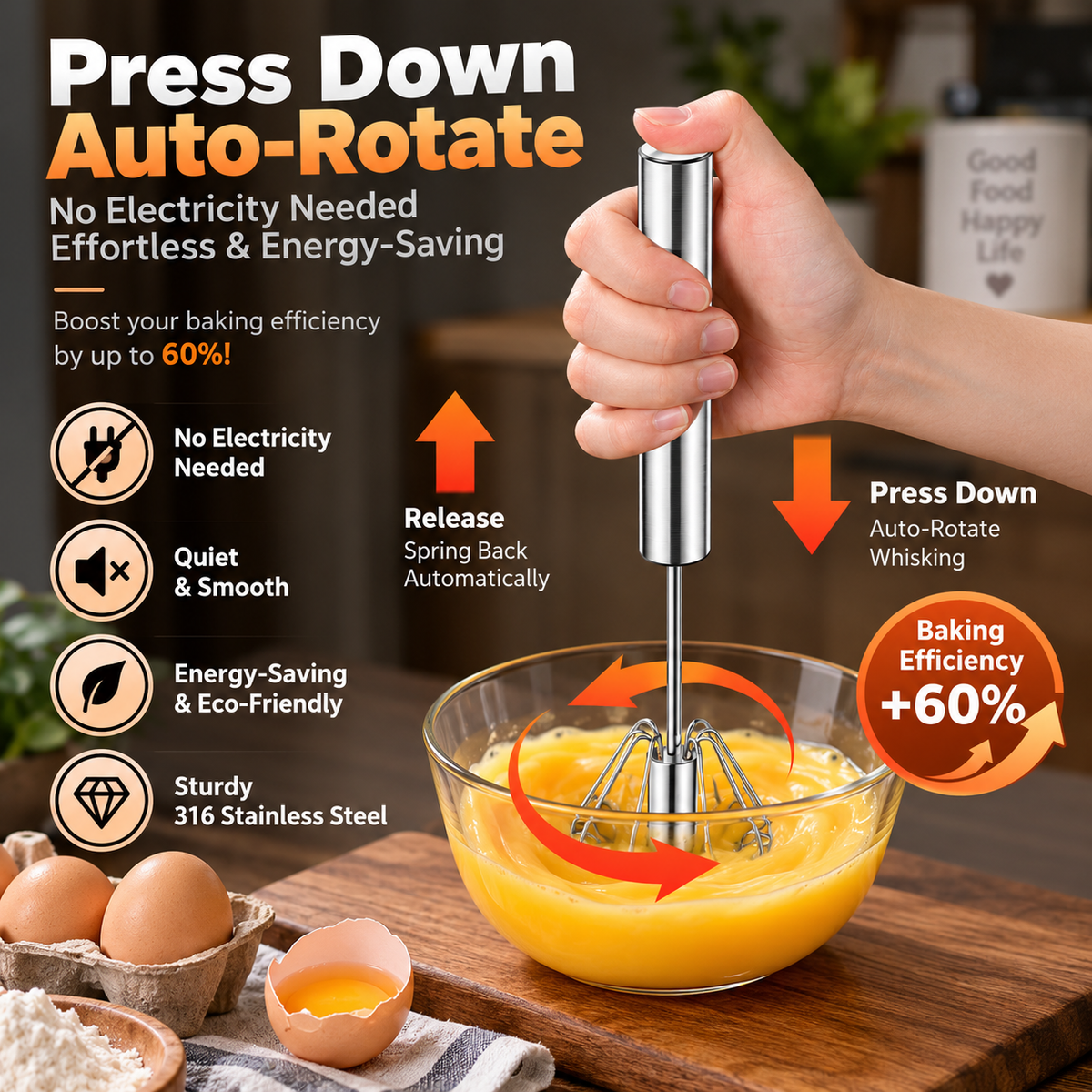 ✨🥛 Easy-Press Stainless Steel Whisk – Mix, Beat & Froth in Seconds