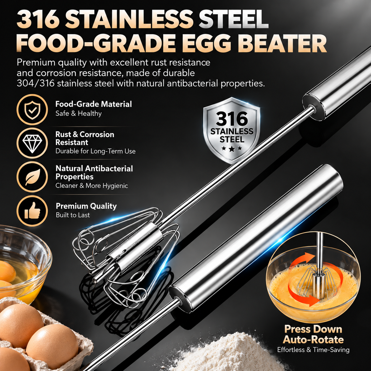 ✨🥛 Easy-Press Stainless Steel Whisk – Mix, Beat & Froth in Seconds