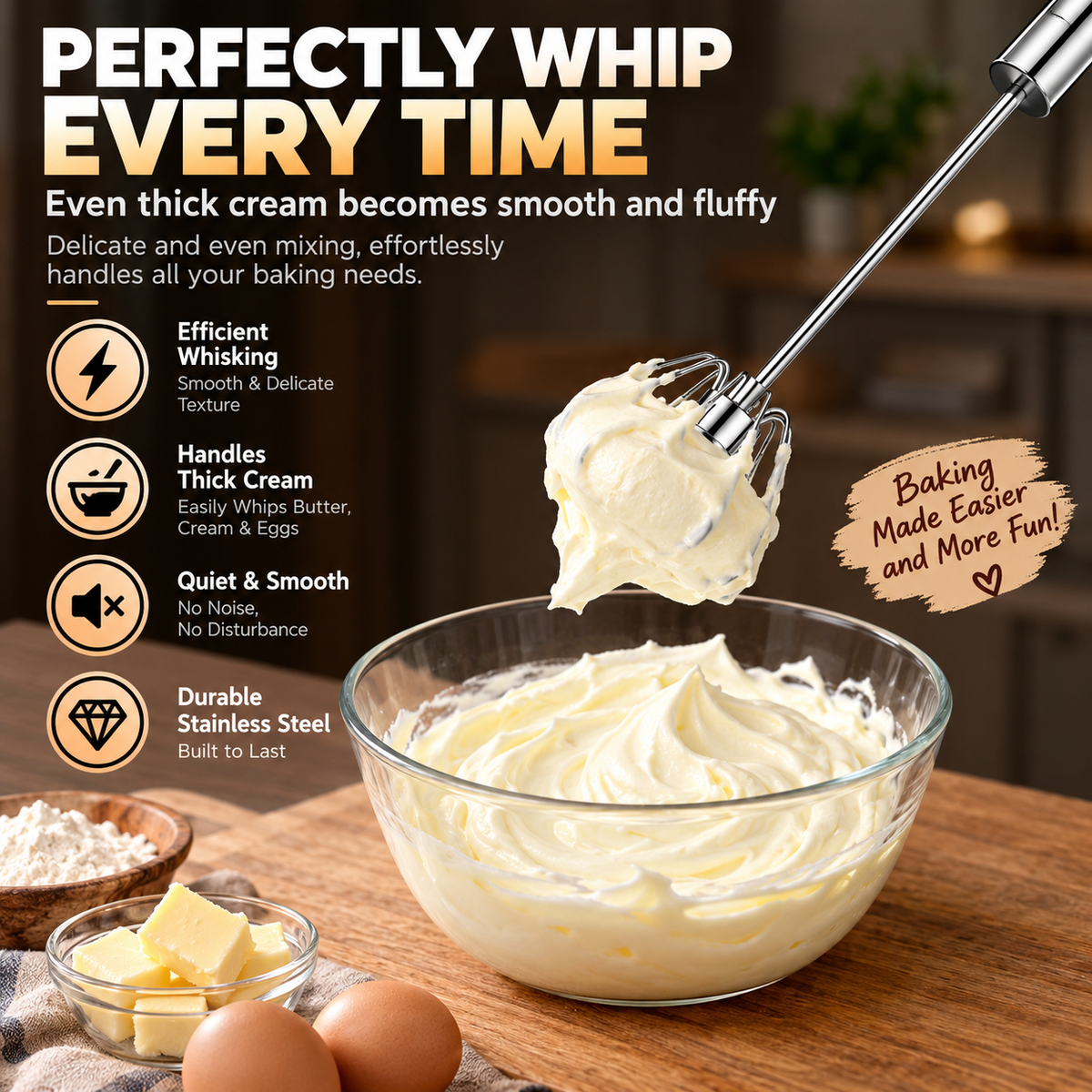 ✨🥛 Easy-Press Stainless Steel Whisk – Mix, Beat & Froth in Seconds