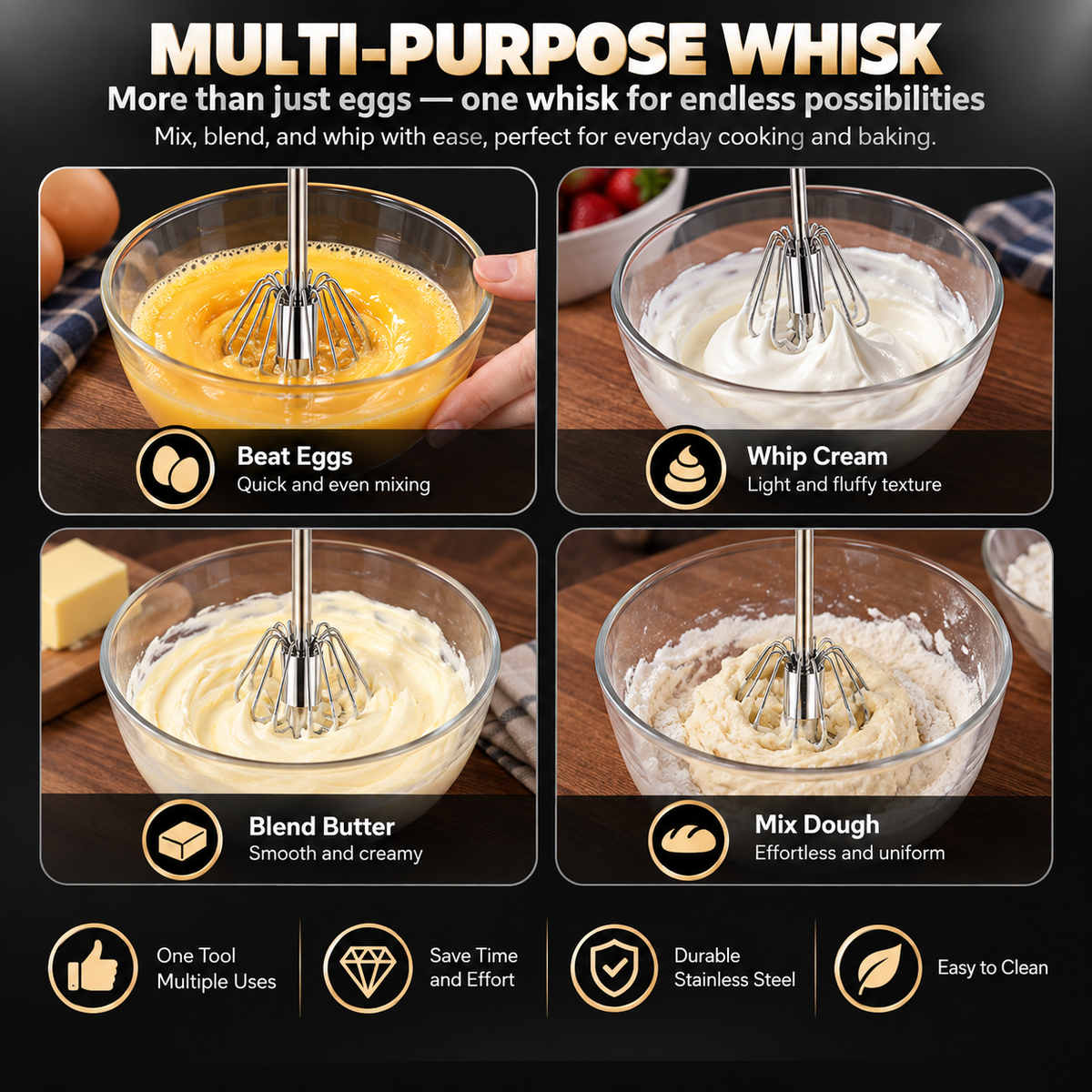 ✨🥛 Easy-Press Stainless Steel Whisk – Mix, Beat & Froth in Seconds