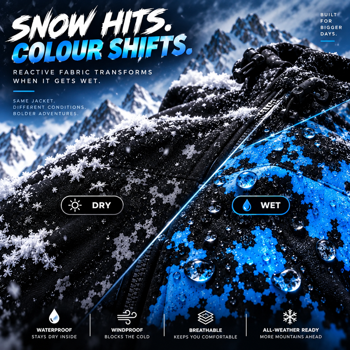 ❄️ A jacket that changes color in the snow (windproof, waterproof, breathable, and packable—a winter essential) 🔥
