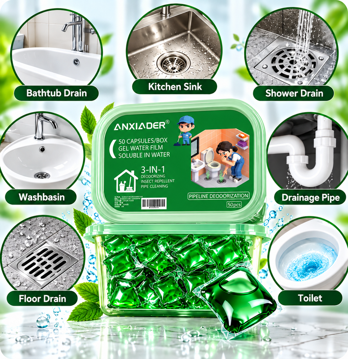🌿 3-in-1 Drain Cleaning Pods – Freshen, Clean & Maintain Your Drains