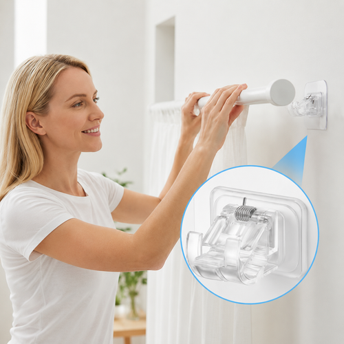 🔥New Arrival🔥Transparent Hanging Rod Clip-Strong adhesion 🪝,Adjustable fit 📏,Tool-free install 🔧