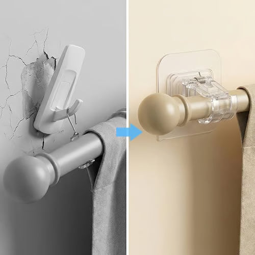🔥New Arrival🔥Transparent Hanging Rod Clip-Strong adhesion 🪝,Adjustable fit 📏,Tool-free install 🔧
