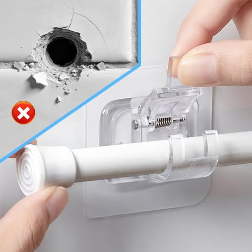 🔥New Arrival🔥Transparent Hanging Rod Clip-Strong adhesion 🪝,Adjustable fit 📏,Tool-free install 🔧