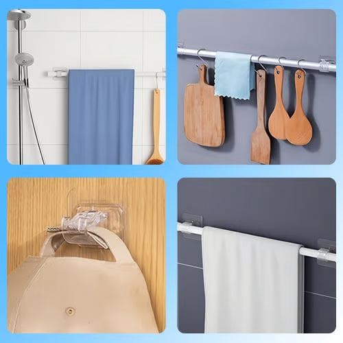 🔥New Arrival🔥Transparent Hanging Rod Clip-Strong adhesion 🪝,Adjustable fit 📏,Tool-free install 🔧