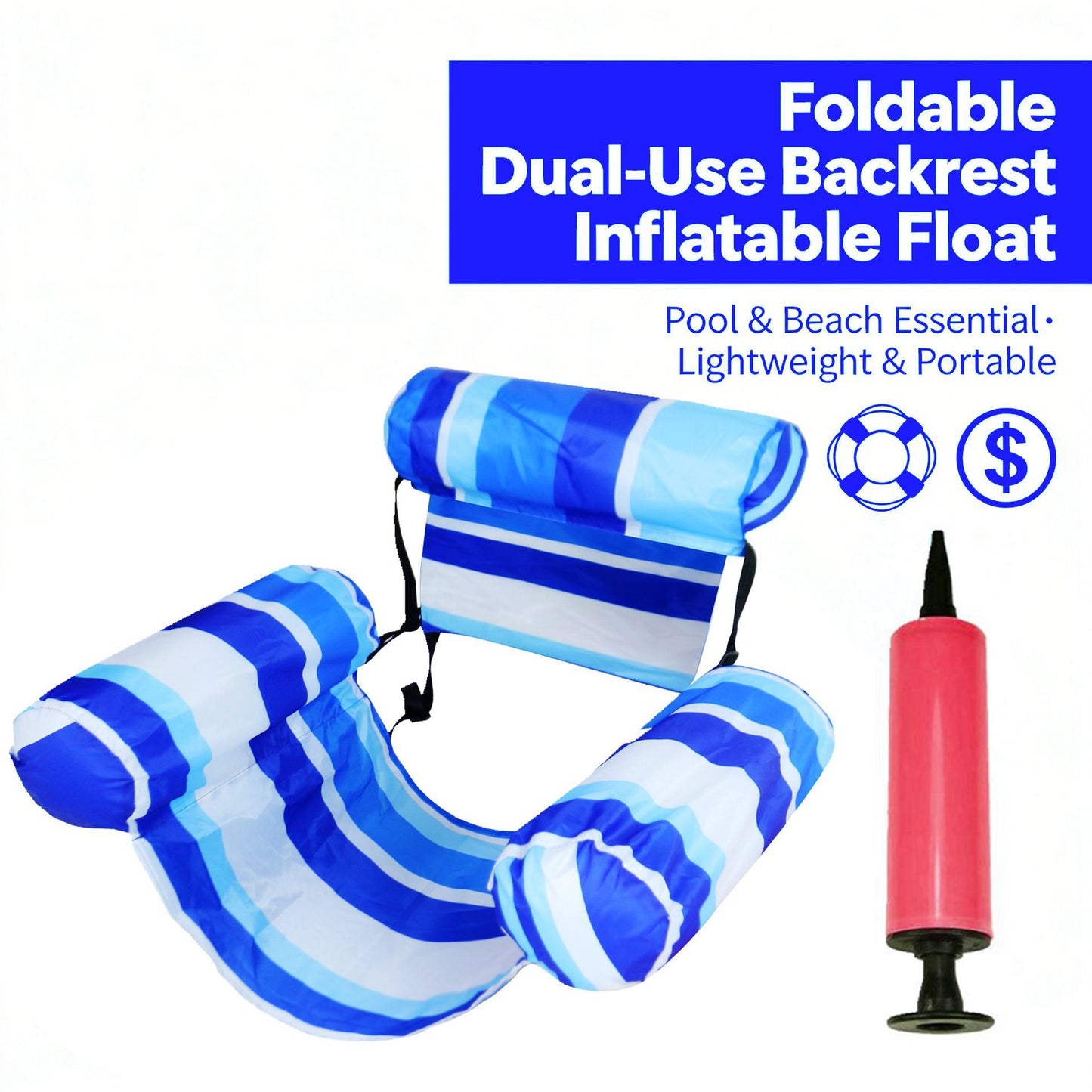 Inflatable Water Floating Row Amusement Lounge Chair Floating Bed Seat Canvas Sofa Foldable Dual-Use Backrest Swimming Floating