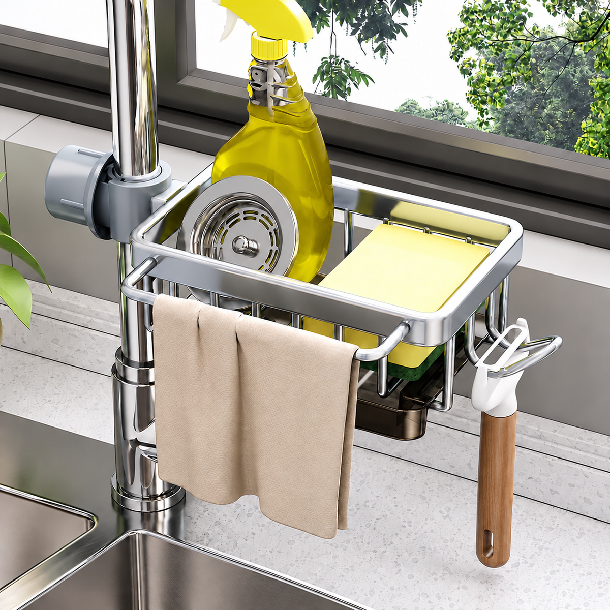 🫧Detachable Stainless Steel Sink Caddy for Kitchen & Bathroom.(Draining tray included)💎