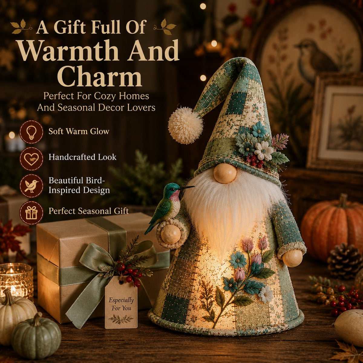 😩 FEELING LIKE YOUR HOME IS MISSING THAT COZY HOLIDAY MAGIC? 🐦✨ Add a Warm Glow & Charming Bird Gnome Touch to Any Shelf, Mantel or Table! 🏡💡