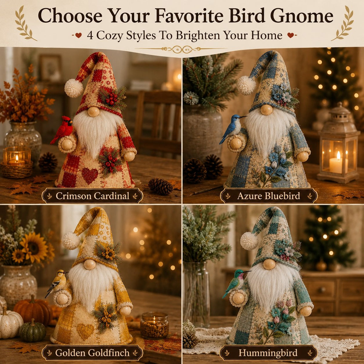 😩 FEELING LIKE YOUR HOME IS MISSING THAT COZY HOLIDAY MAGIC? 🐦✨ Add a Warm Glow & Charming Bird Gnome Touch to Any Shelf, Mantel or Table! 🏡💡