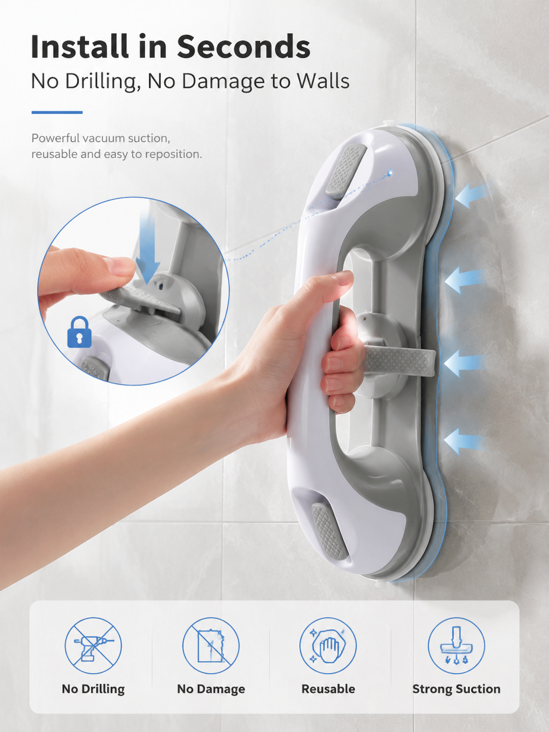 🔥50% OFF! Drill-Free Suction Grab Bar🚿 No Drilling! Instant Safety Support!