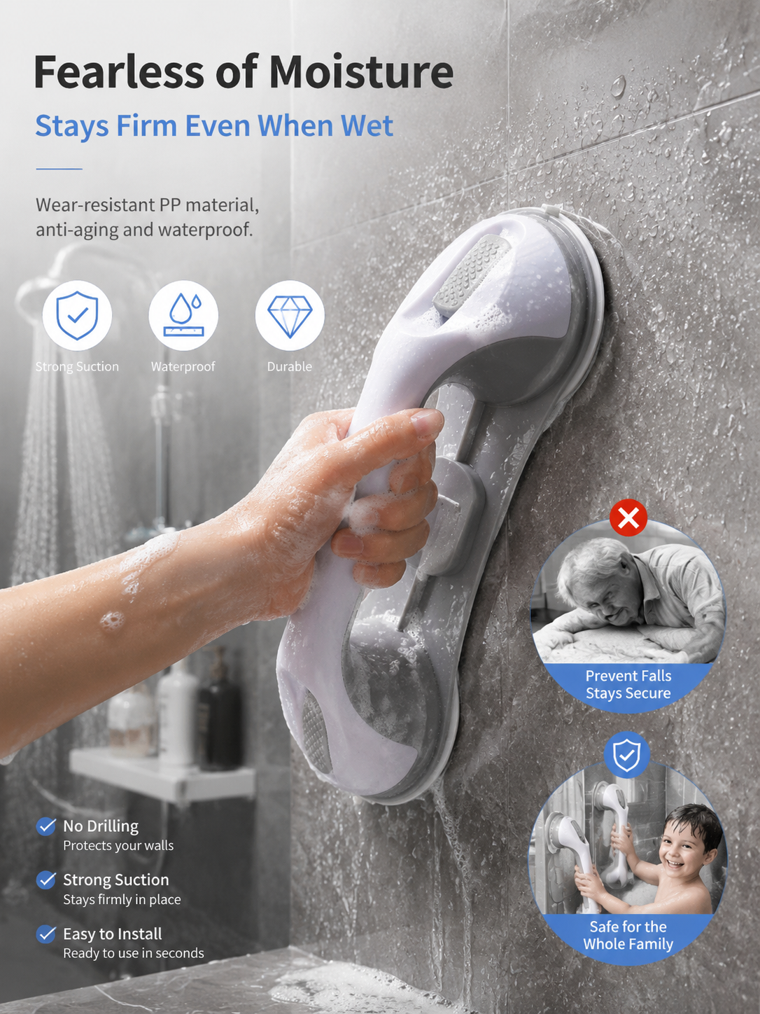 🔥50% OFF! Drill-Free Suction Grab Bar🚿 No Drilling! Instant Safety Support!