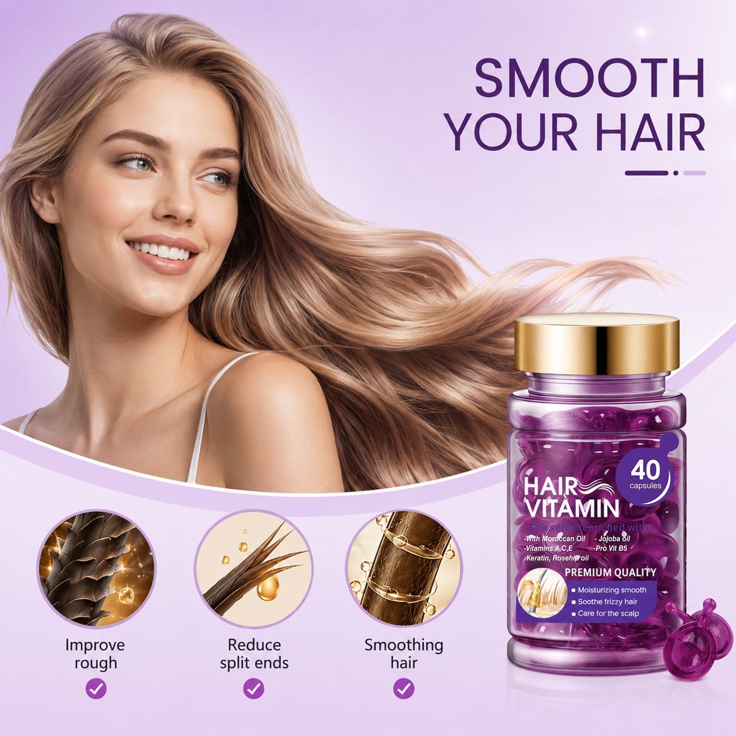🔥50% OFF🔥Hair Vitamin Capsules Infused with Violet Vitamins & Argan Oil for Color-Treated & Permed Hair Smooths Frizz Restores Silkiness & Shine 40 Capsules.