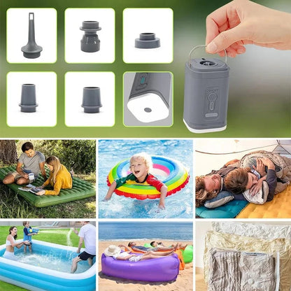 🏕️ Rechargeable Camping Air Pump – LED Light, Fast Inflation, Compact 🔋