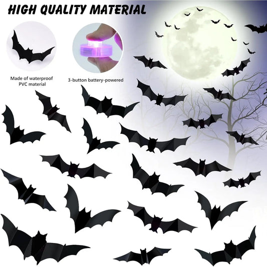 😱12-pack LED purple 3D bat Halloween decorative stickers, 3 sizes, removable PVC material, waterproof, suitable for indoor and outdoor use on bedroom windows, doors, walls, etc., perfect for party decorations.