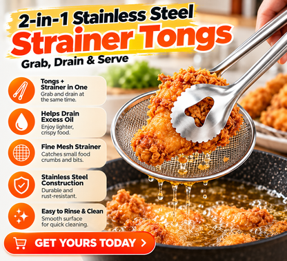 🍗 2-in-1 Stainless Steel Strainer Tongs – Grip, Drain & Serve
