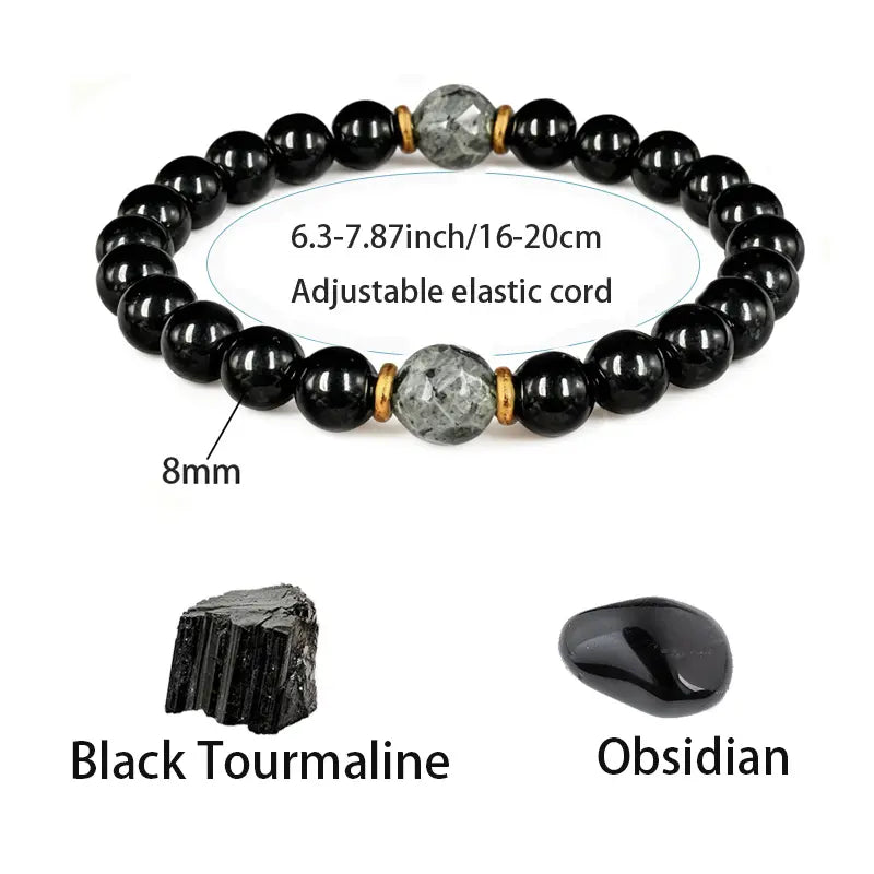 🎁8mm Obsidian (Self-awareness, absorbing negative energy) and Black Tourmaline (Blocking external negative energy, stabilizing the inner self) Bracelet — Natural Crystal Beads.💎