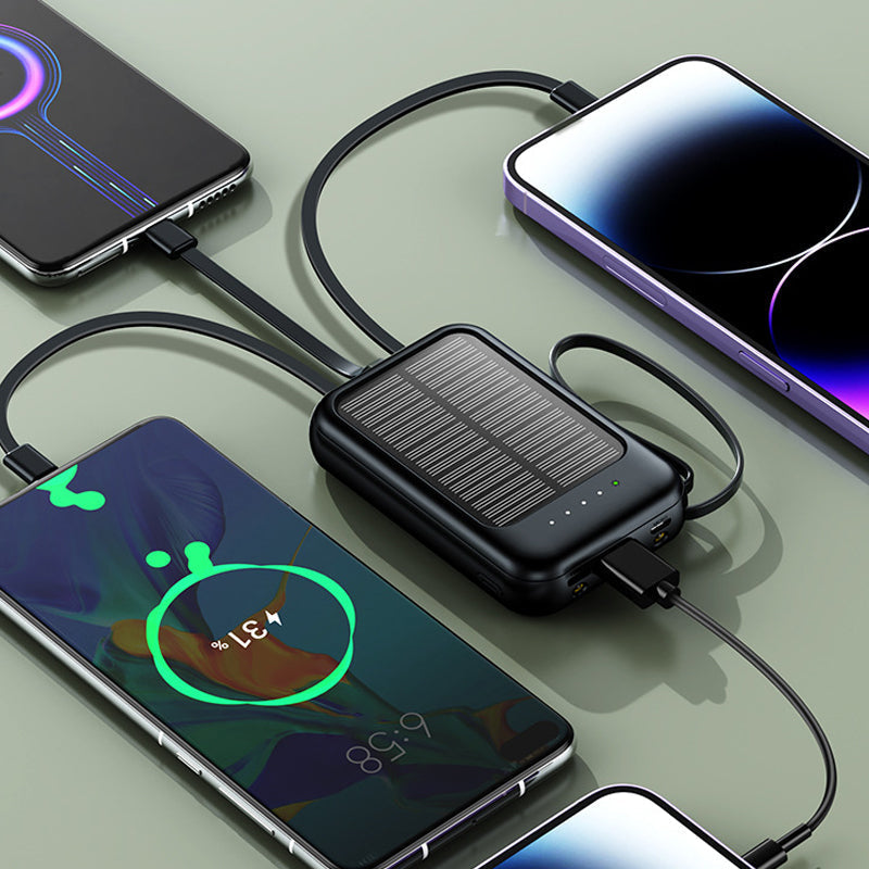 🔋 POWER WHEN YOU NEED IT MOST  ☀️ SOLAR BACKUP CHARGING  ⚡ FAST CHARGINGSelf-contained Mini Solar Power Bank with Built-in Cable