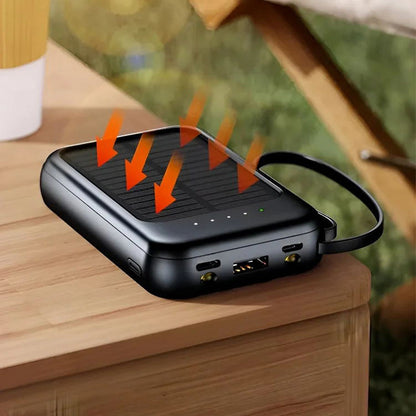 🔋 POWER WHEN YOU NEED IT MOST  ☀️ SOLAR BACKUP CHARGING  ⚡ FAST CHARGINGSelf-contained Mini Solar Power Bank with Built-in Cable