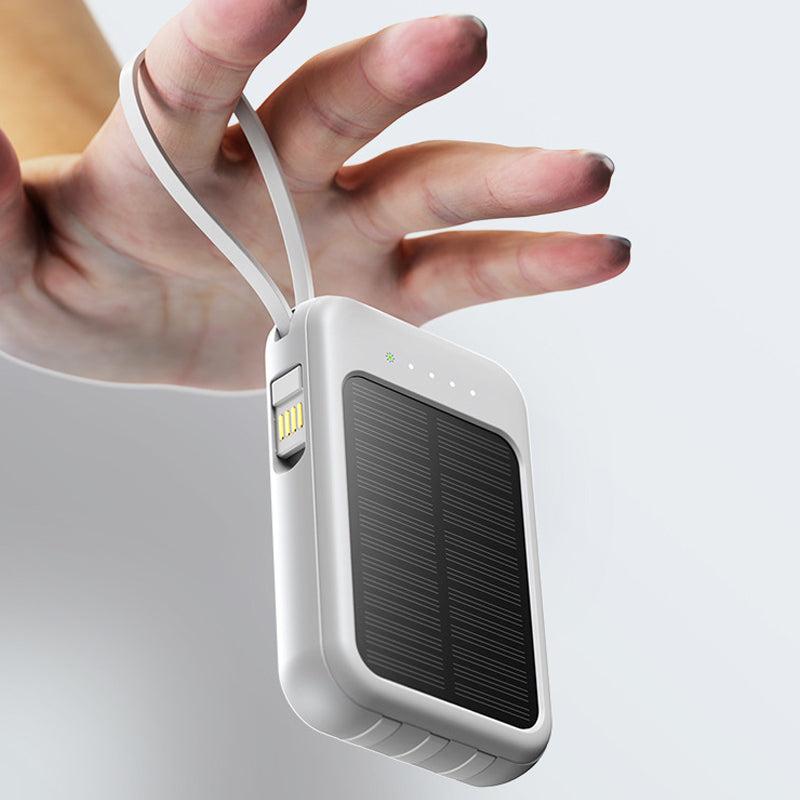 🔋 POWER WHEN YOU NEED IT MOST  ☀️ SOLAR BACKUP CHARGING  ⚡ FAST CHARGINGSelf-contained Mini Solar Power Bank with Built-in Cable