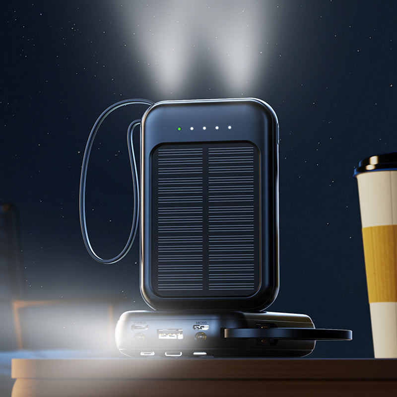 🔋 POWER WHEN YOU NEED IT MOST  ☀️ SOLAR BACKUP CHARGING  ⚡ FAST CHARGINGSelf-contained Mini Solar Power Bank with Built-in Cable