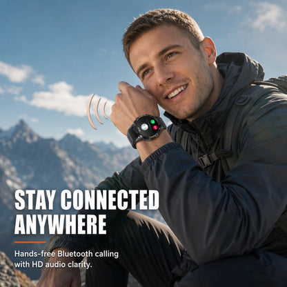 😩 WHY CARRY EXTRA GEAR WHEN YOUR WATCH CAN DO MORE? 🏔️ 🔦 BUILT-IN FLASHLIGHT + BLUETOOTH CALLING + RUGGED DESIGN. ALL ON YOUR WRIST! ⌚️🔥