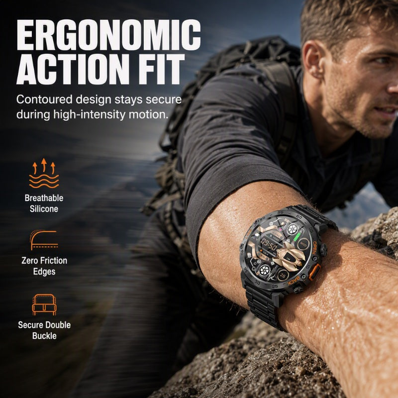 😩 WHY CARRY EXTRA GEAR WHEN YOUR WATCH CAN DO MORE? 🏔️ 🔦 BUILT-IN FLASHLIGHT + BLUETOOTH CALLING + RUGGED DESIGN. ALL ON YOUR WRIST! ⌚️🔥