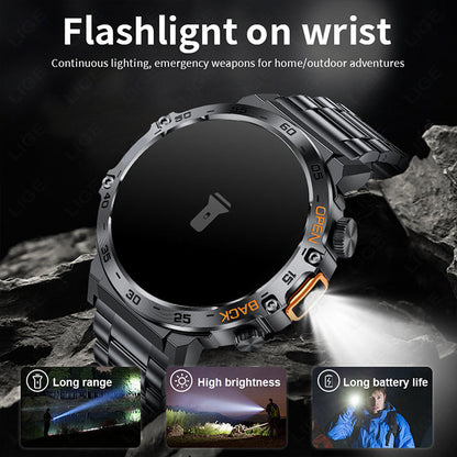 😩 WHY CARRY EXTRA GEAR WHEN YOUR WATCH CAN DO MORE? 🏔️ 🔦 BUILT-IN FLASHLIGHT + BLUETOOTH CALLING + RUGGED DESIGN. ALL ON YOUR WRIST! ⌚️🔥