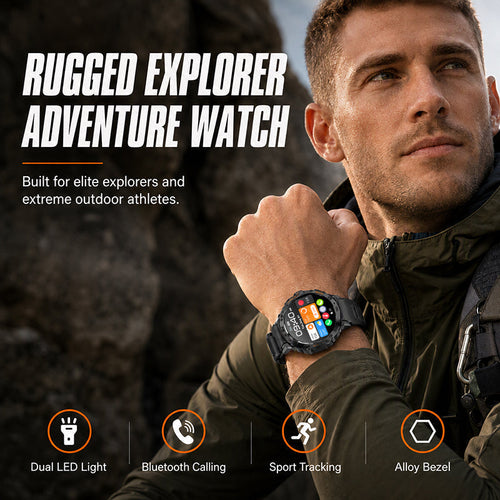 😩 WHY CARRY EXTRA GEAR WHEN YOUR WATCH CAN DO MORE? 🏔️ 🔦 BUILT-IN FLASHLIGHT + BLUETOOTH CALLING + RUGGED DESIGN. ALL ON YOUR WRIST! ⌚️🔥