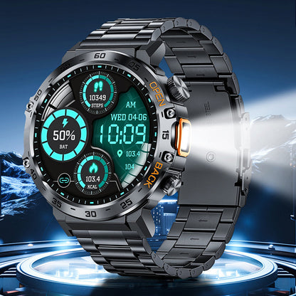 😩 WHY CARRY EXTRA GEAR WHEN YOUR WATCH CAN DO MORE? 🏔️ 🔦 BUILT-IN FLASHLIGHT + BLUETOOTH CALLING + RUGGED DESIGN. ALL ON YOUR WRIST! ⌚️🔥