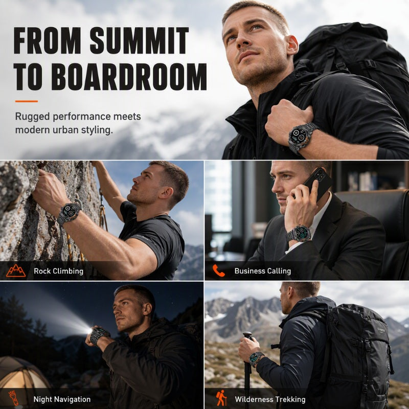😩 WHY CARRY EXTRA GEAR WHEN YOUR WATCH CAN DO MORE? 🏔️ 🔦 BUILT-IN FLASHLIGHT + BLUETOOTH CALLING + RUGGED DESIGN. ALL ON YOUR WRIST! ⌚️🔥