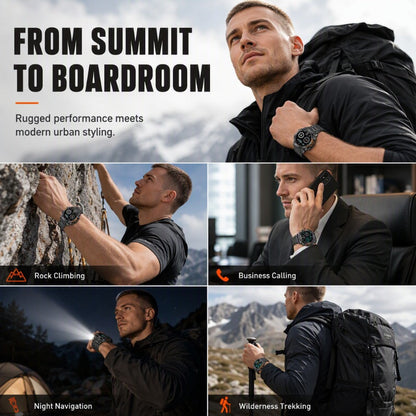 😩 WHY CARRY EXTRA GEAR WHEN YOUR WATCH CAN DO MORE? 🏔️ 🔦 BUILT-IN FLASHLIGHT + BLUETOOTH CALLING + RUGGED DESIGN. ALL ON YOUR WRIST! ⌚️🔥