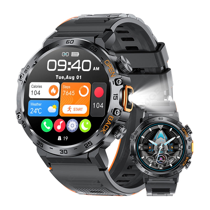😩 WHY CARRY EXTRA GEAR WHEN YOUR WATCH CAN DO MORE? 🏔️ 🔦 BUILT-IN FLASHLIGHT + BLUETOOTH CALLING + RUGGED DESIGN. ALL ON YOUR WRIST! ⌚️🔥